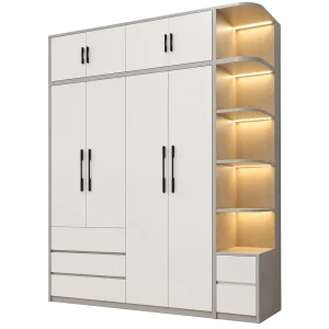 Tủ Quần Áo CASA-TQA-0003 - Tủ Quần Áo Kịch Trần Tích Hợp Đèn LED Kệ Góc Sang Trọng Phối Trắng Xám Hiện Đại