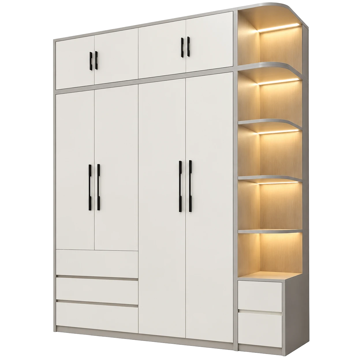 Tủ Quần Áo CASA-TQA-0003 - Tủ Quần Áo Kịch Trần Tích Hợp Đèn LED Kệ Góc Sang Trọng Phối Trắng Xám Hiện Đại