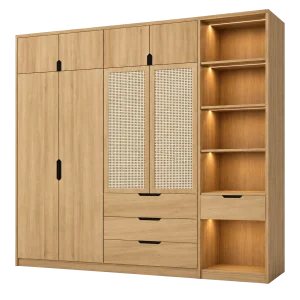 Tủ Quần Áo CASA-TQA-0006 - Tủ Quần Áo Cánh Mây Đan Mắt Cáo Phong Cách Indochine Tích Hợp Đèn LED Kệ Trang Trí