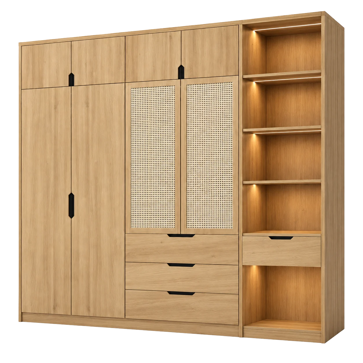Tủ Quần Áo CASA-TQA-0006 - Tủ Quần Áo Cánh Mây Đan Mắt Cáo Phong Cách Indochine Tích Hợp Đèn LED Kệ Trang Trí